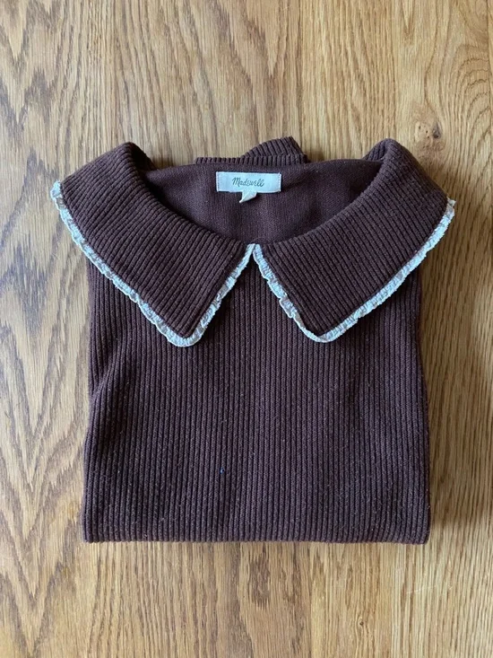 Women’s Madewell Brown Ribbed Sweater with Contrast Trim Collar - Picture 1 of 4
